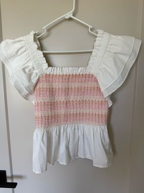 Marie Oliver White Cotton Smocked Crop Top with Pink & Peach Accents